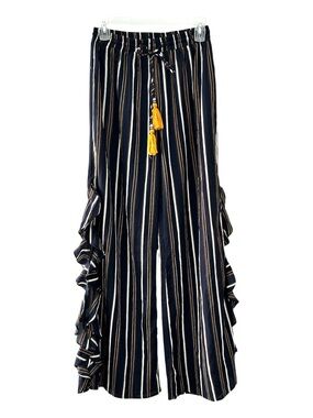 Pia Rossini Navy Striped Beach pants with Ruffle Trim Split Wide Legs NWT Size M